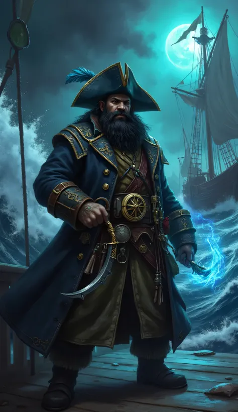 fierce Dungeons & Dragons-style dwarf pirate, standing, on the deck of a magical ship, sailing through a stormy enchanted sea, rugged adventurer, big black beard, weathered coat, leather armor reinforced, wide-brimmed hat adorned with feather, grips curved...