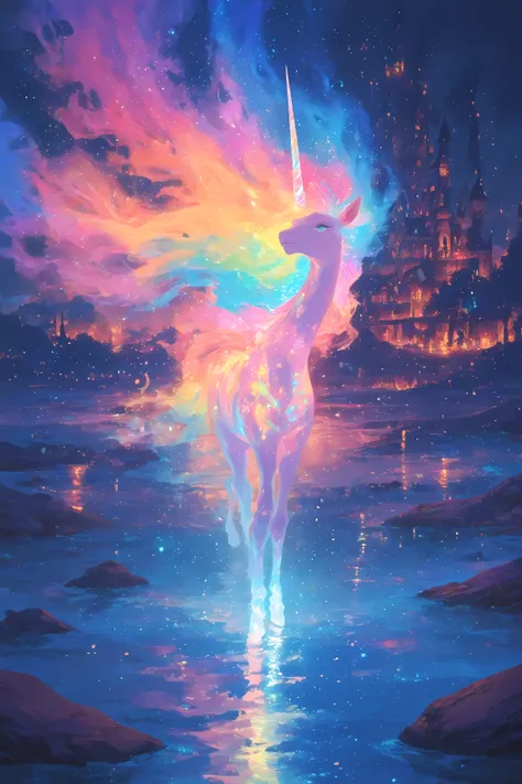 a majestic unicorn with an ethereal glow,iridescent mane from a unicorn's horn, Stand Up,A magical landscape , rich colorful colors to illuminate a foggy night, an enchanting castle on background, a path of light that sparkles in quiet water, fantastic dre...