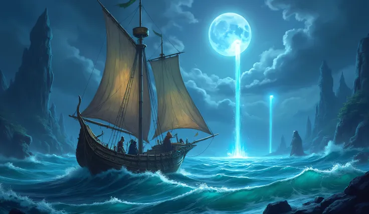 epic 'Ocean Odyssey' scene, Dungeons & Dragons fantasy world, majestic magical ship sails, vast mysterious ocean filled with glowing waves, ship is crafted from enchanted wood and dragonbone, sails made of shimmering ethereal fabric, diverse crew of fantas...