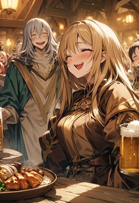 In the guild, ramai, different races, laughing jokes, party guild, warm atmosphere, food and beer, fantasy, absolute, 4k, master piece, warm atmosphere, more detail without errors, nice portrayal