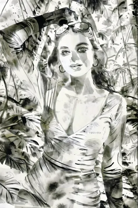 black and white tones, masterpiece, best quality, tradition chinese ink watercolor paintings, use thick and light inks to create light and dark changes and layers, a beautiful 20s russian model, ultra detailed face