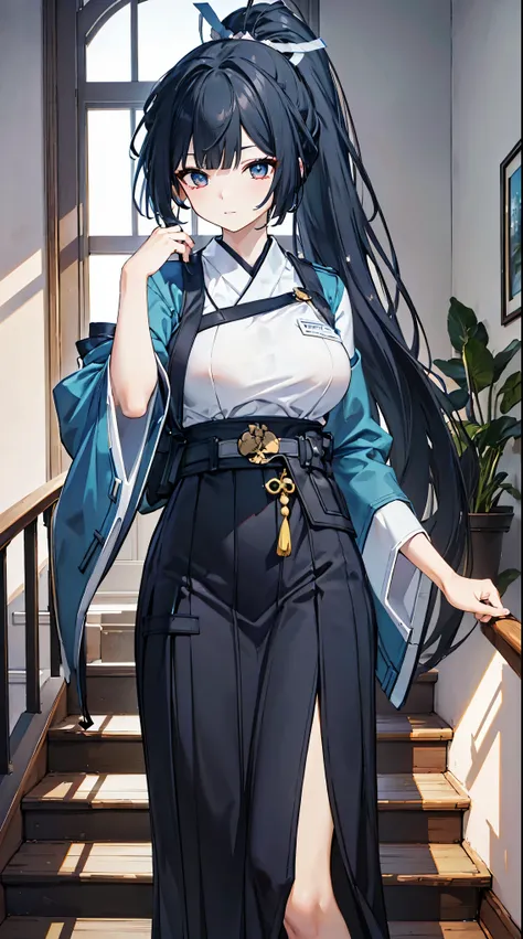 top grade 、、(Whitening skin)、black hair、ponytail,LONG HAIR、blue eyes、Petite、slender、Hakama、uniform、、Big Breasts、on the steps、Mansion、Japanese-style room、、、,