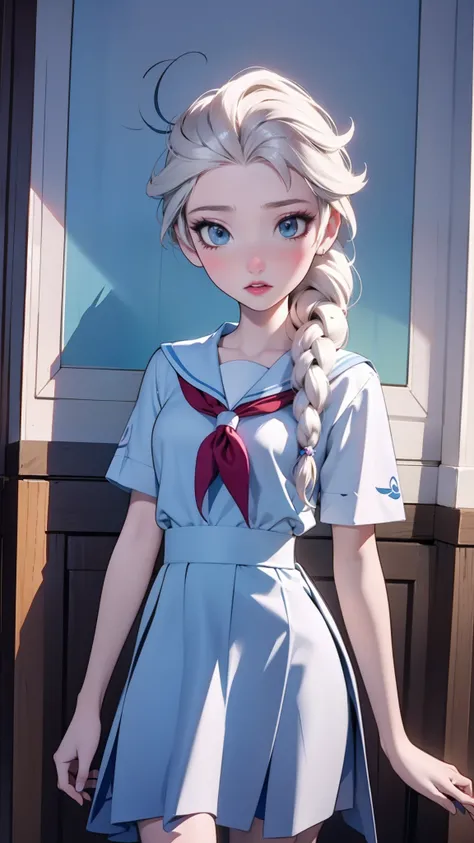 Disney's Frozen wearing a Serafuku school uniform 