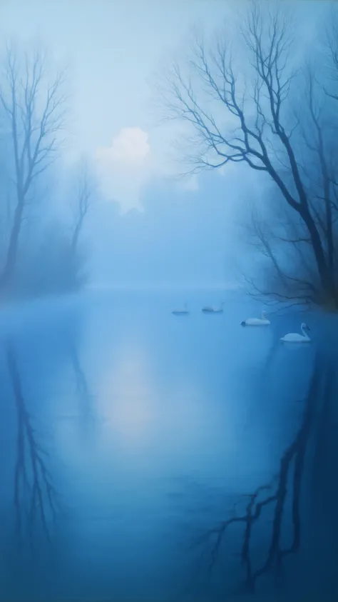 impressionist,Low-angle lakeside view, thick fog, misty, reflections of withered trees, motion blur of a camera in hand, swans floating on the water surface. Corrosion patterned concentric ripples, Impressionist water texture.Blue tone atmosphere