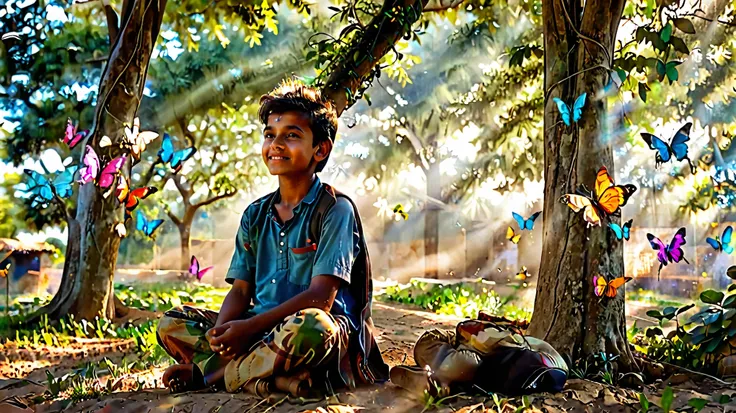 dynamic photo of a  indian boy Arjun, a peaceful village boy, sitting cross-legged under a shady tree, watching colorful butterflies with a soft smile, his eyes half-closed, listening to the breeze as if it were music", realistic cinematic style, 4k ultra ...