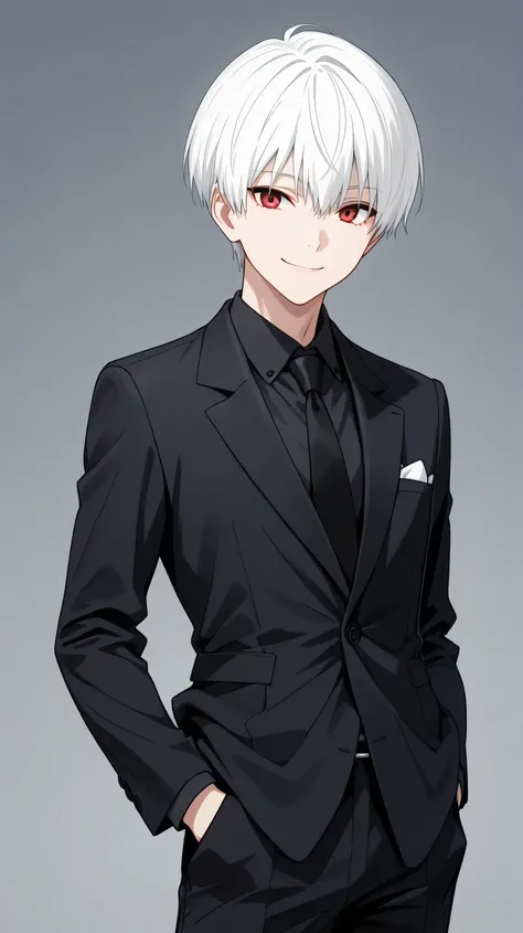 men,white short hair,red eyes, black suit smile