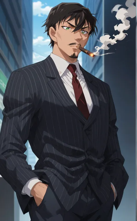 1male,solo,Touji Fushiguro,black hair,short hair,hair between eyes,bang,green eyes,,blue pinstripe vest,red necktie,hand in pocket,goatee,big muscle, smoking,cigar,police office background,