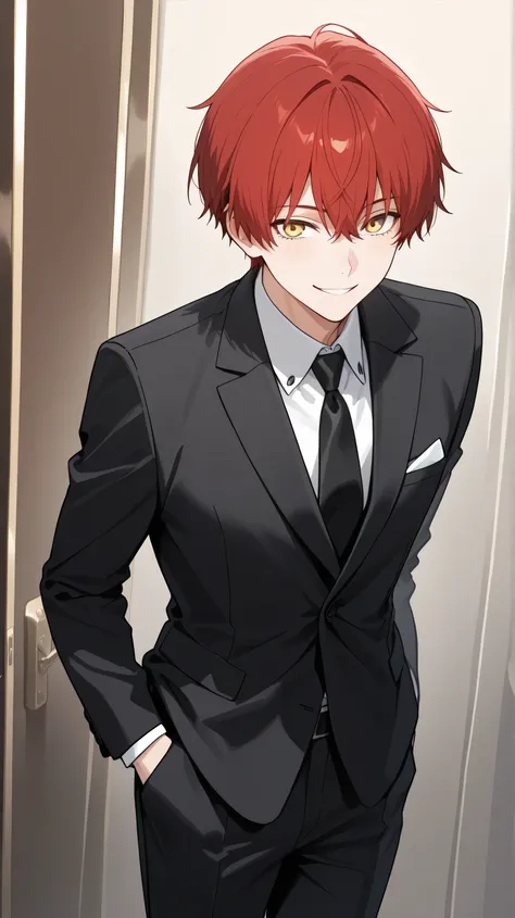 men,red short hair,yellow eyes, black suit smile