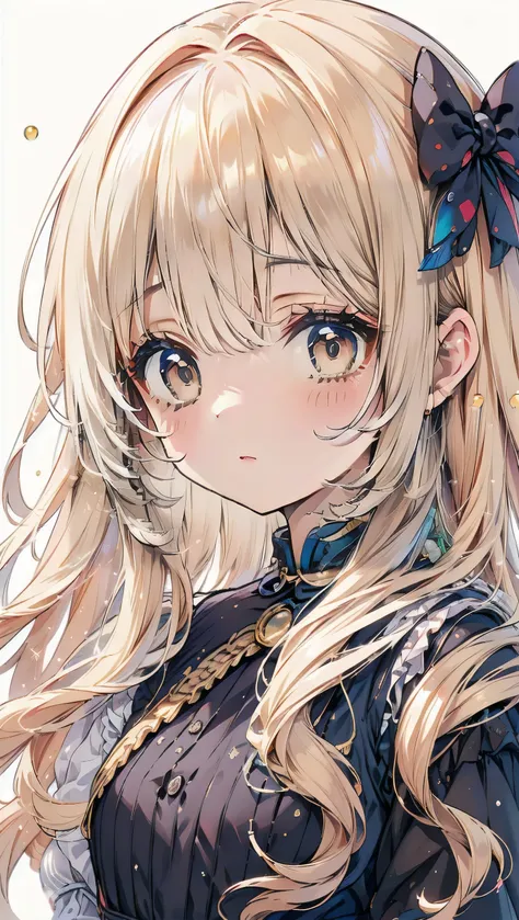 Dots are、明るいピンクの頬、she has chin-length, curly, golden blonde hair with wavy bangs.、she'dark-skinned girl, she is wearing a bright red headband with a ribbon on the right side of her head.. Dots are、she wears a shiny pastel blue and scarlet red dress wit...