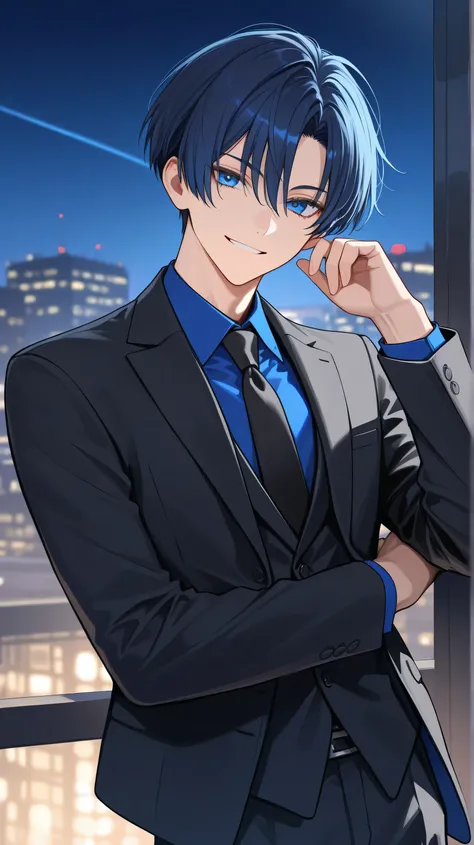 men,darkblue short hair,blue eyes, black suit smile 