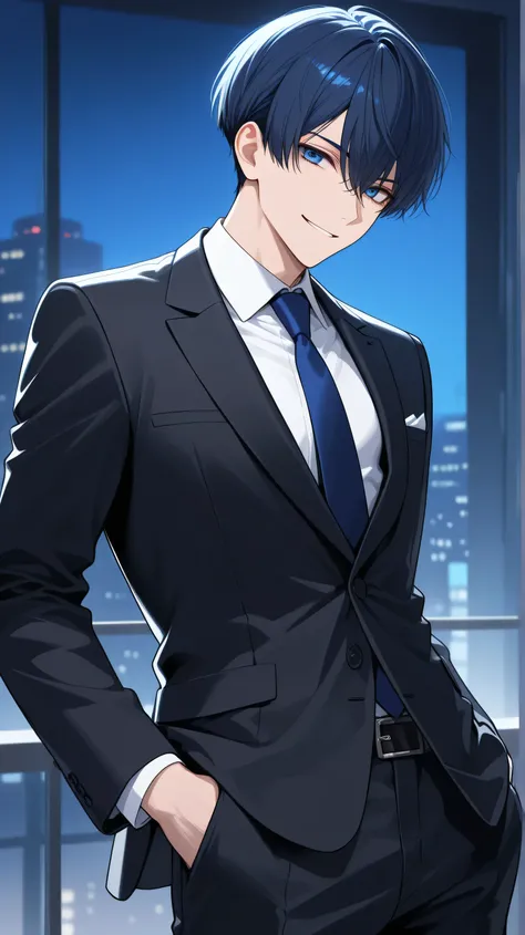 men,darkblue short hair,blue eyes, black suit smile 