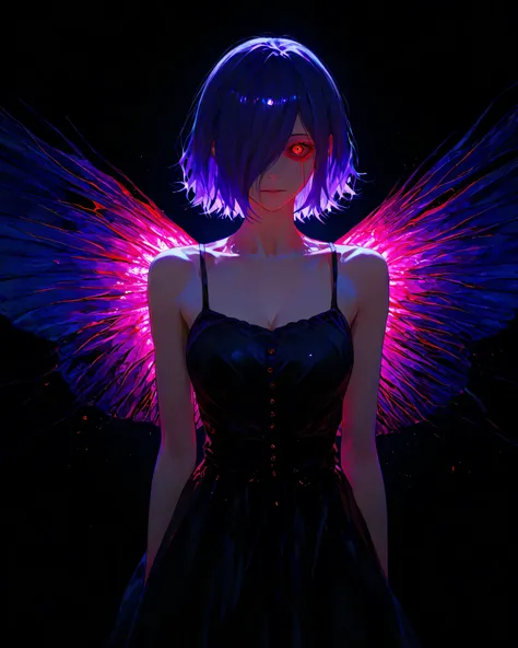 highly detailed, ultra-detailed, finely crafted features, glowing lighting,  photorealistic, Moody Atmosphere8k, dark lighting , masterpieceKirishima touka , Tokyo ghoul , anime girl , Beautiful face , beautiful skin , blue-purple hair , Short hair , Touka...