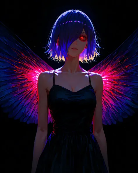 highly detailed, ultra-detailed, finely crafted features, glowing lighting,  photorealistic, Moody Atmosphere8k, dark lighting , masterpieceKirishima touka , Tokyo ghoul , anime girl , Beautiful face , beautiful skin , blue-purple hair , Short hair , Touka...