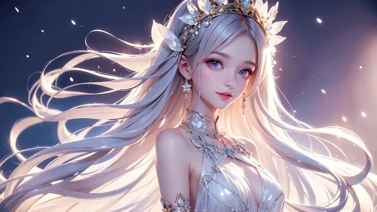 (masterpiece),(4K),High Quality,(small breasts),one girl、Sexy Saints , long silver hair ,pale skin,smile, Beautiful Detailed Grey Eyes, ( HIGH DEFINITION AND ELEGANT ),( White Capelet Fashion), MAGICAL COLOR AND ATMOSPHERE , detailed skin from sleeve to ch...