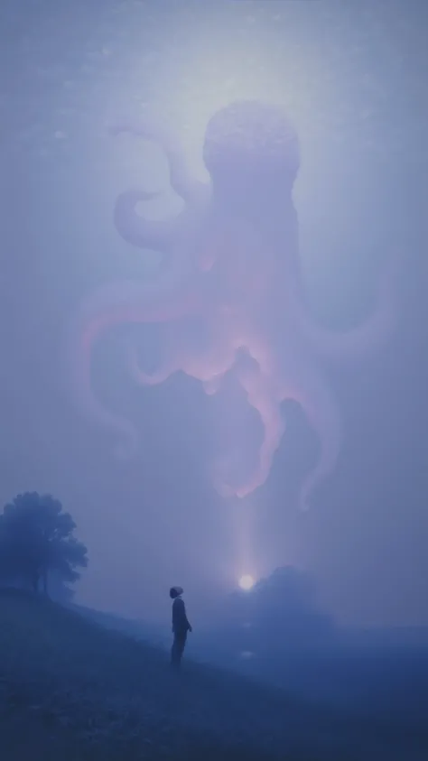 impressionist,are in reverse,Upward Shot,Smoky,A man looks up,Look at the huge pink octopus blurry in the smoke。 blue, pink vibe。