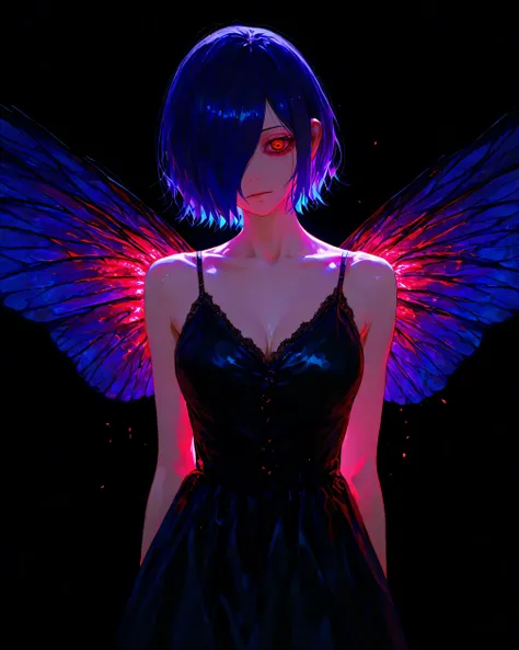 highly detailed, ultra-detailed, finely crafted features, glowing lighting,  photorealistic, Moody Atmosphere, 8k, masterpiece, Kirishima touka , Tokyo ghoul , anime girl , Beautiful face , beautiful skin , blue-purple hair , Short hair , Touka Kirishima h...