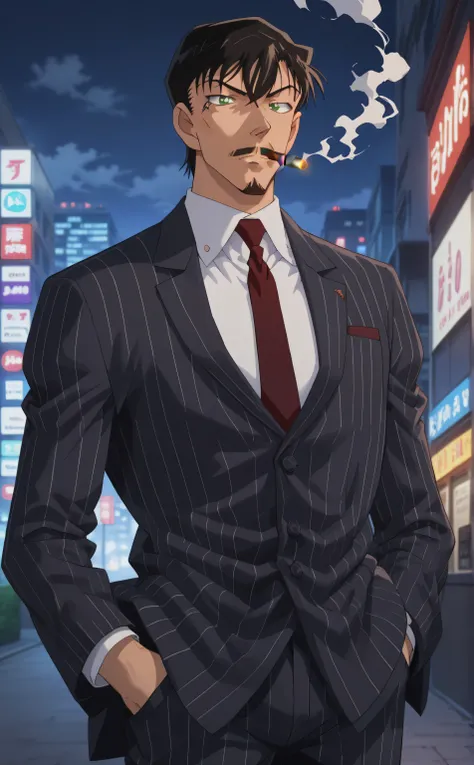 1male,solo,Touji Fushiguro,short hair,green eyes,black hair,hair between eyes,bang,goatee,blue Pinstripe suit,red necktie,big muscle,cigar,smoking,hand in pocket,tokyo background,night,detective conan