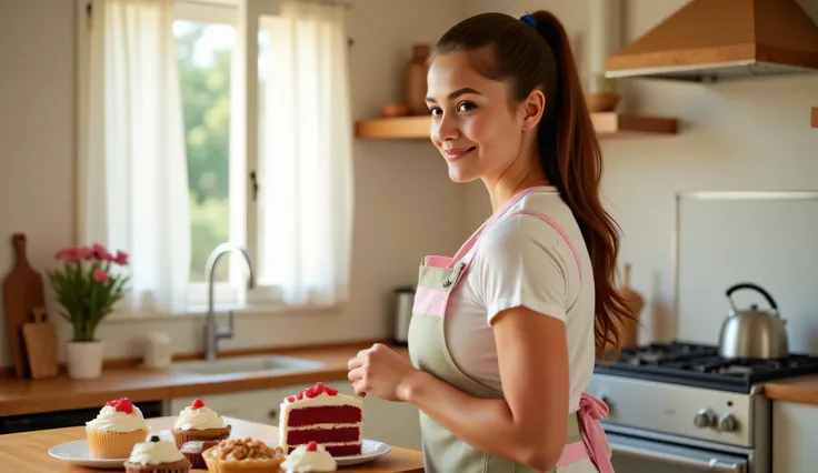 A photo-realistic, high-resolution image of a beautiful 18-year-old girl with long brown hair tied in a high ponytail. She has natural makeup and clear skin, smiling softly as she decorates a tray of classic American desserts in a cozy, sunlit kitchen. She...