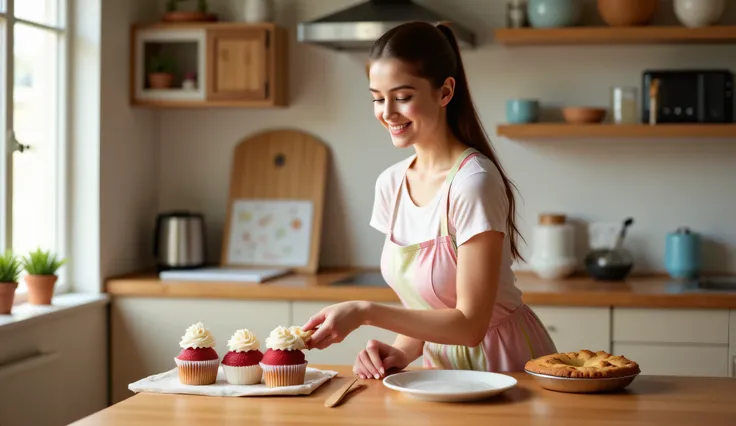 A photo-realistic, high-resolution image of a beautiful 18-year-old girl with long brown hair tied in a high ponytail. She has natural makeup and clear skin, smiling softly as she decorates a tray of classic American desserts in a cozy, sunlit kitchen. She...