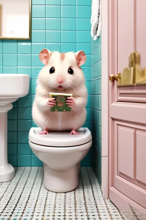 Unintentionally 「cute〜〜!」I'm reading、make a charming and cute image。 Oil Enamel。
A hamster with a shiny coat is reading、Relax and sit on the toilet bowl。
大きな目でcute。
Human-like facial expression。
Head slightly larger than body 。
Short Handed Feet 。
forel...