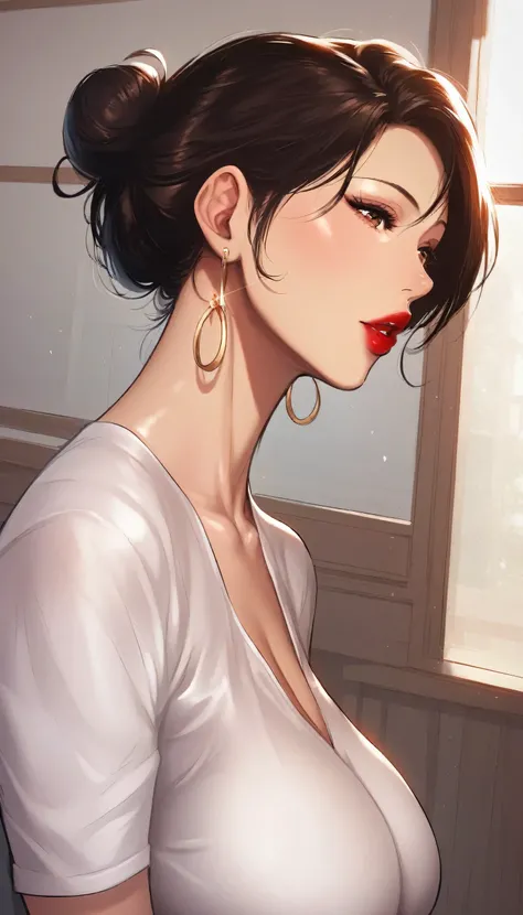 Hot beautiful sexy milf school teacher, red lipstick, long Earrings, medium saggy breasts , brown hair , hair bun,bracelet ,detailed, detailed brown eyes, curvy body ,manhwa style,body moving motion ,detailed eyes,manhwa page,manhwa art style , teacher d...