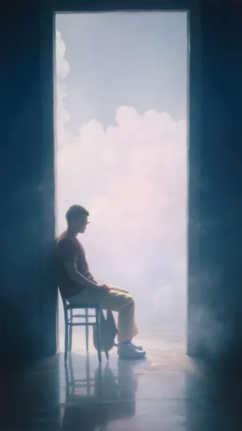 impressionist,are in reverse,Upward Shot,Smoky,Shoot from outside the room,A man sits in a chair at the door,There is thick fog outside。 blue, pink vibe。