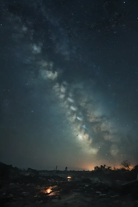 A starry sky spreads across the ruins、A landscape depicting the contrast between the beauty of the cosmos and the devastated Earth。Looking up in the city where the ruins of collapsed buildings stand、The myriad stars and shooting stars shine brightly。It's d...