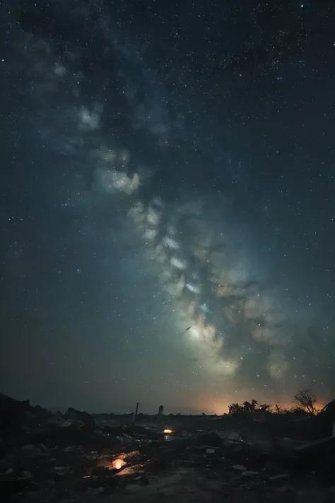 A starry sky spreads across the ruins、A landscape depicting the contrast between the beauty of the cosmos and the devastated Earth。Looking up in the city where the ruins of collapsed buildings stand、The myriad stars and shooting stars shine brightly。It's d...