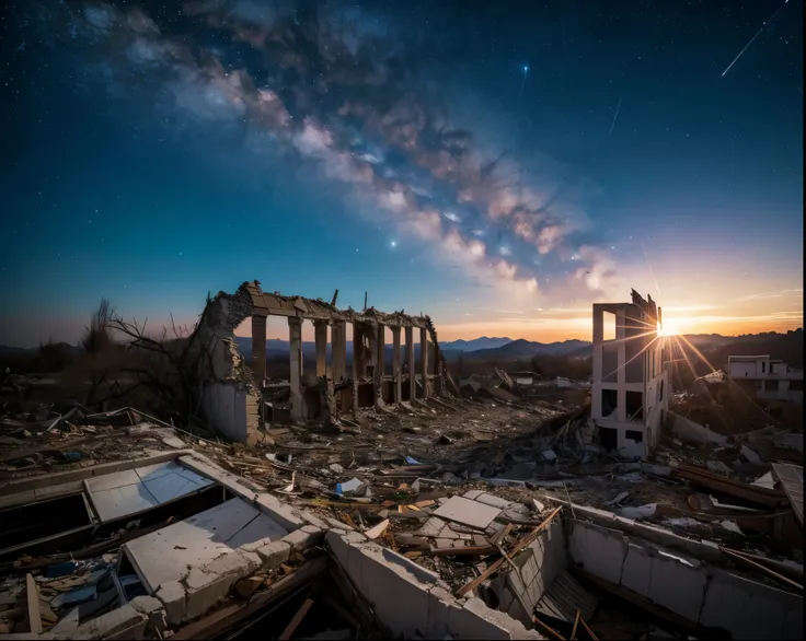 A starry sky spreads across the ruins、A landscape depicting the contrast between the beauty of the cosmos and the devastated Earth。Looking up in the city where the ruins of collapsed buildings stand、The myriad stars and shooting stars shine brightly。It's d...