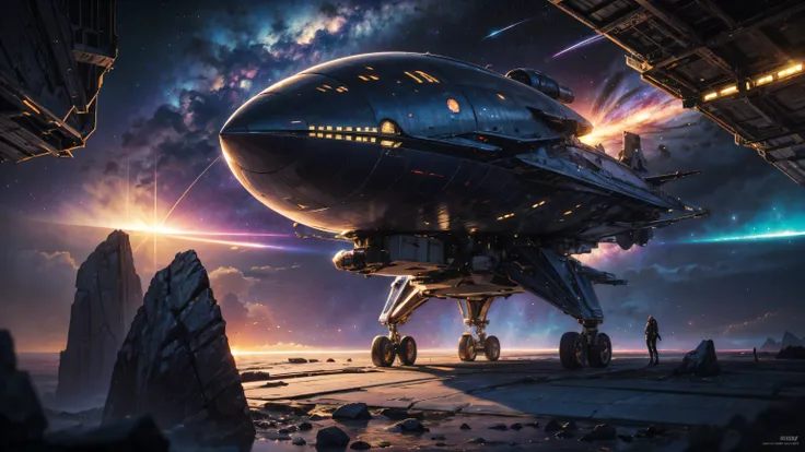 wide-angle shot, cinematic composition, 16:9 horizontal frame, mature female space explorer, around 30 years old, sharp gaze, short silver hair fluttering, realistic facial features, tactical sci-fi armor suit, standing in front of an activated warp device...