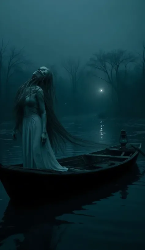 A dark, creepy river scene at midnight in rural Vietnam, with an old wooden boat floating alone. In the water, a long-haired, headless of a woman in a white dress, her hair tangled in the boat's propeller, with a ghostly face in the distance. The backgrou...
