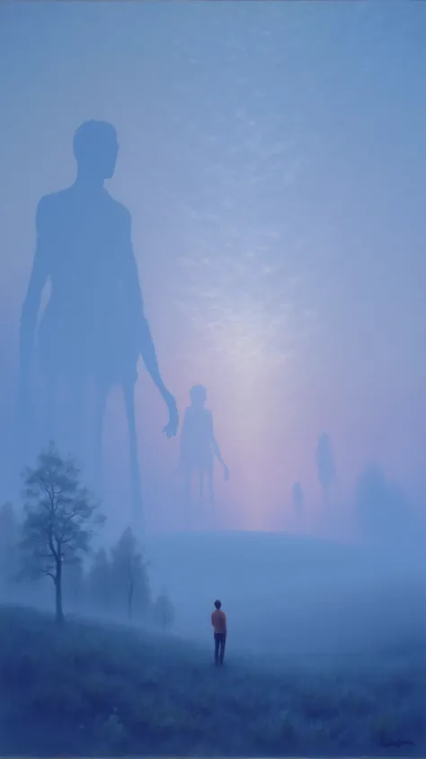 impressionist,are in reverse,Upward Shot,Smoky,A man looks up,Look at tall alien creatures blurry in the smoke,Long legs,round body。 blue, pink vibe。