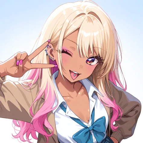  gyaru high school girl, slightly tanned skin, school uniform, blonde hair with pink highlights, tongue piercing, flashy ear piercings (including industrial), cute and colorful accessories, playful expression, gyaru pose (peace sign, hand on hip, wink, or ...