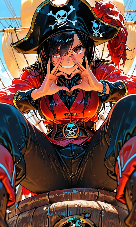 1girl, stylish, Pirates, Pirates Hat, Pirates Ship,Long Black Hair,Red Black Clothes , sitting,Low view, dynamic angle, jewelry, ornament,HD, masterpiece, 8k, wallpaper, epic wallpaper,big smile, looking at viewer,"Bang " Hands gesture,