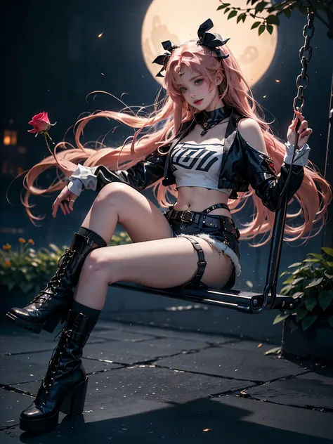 nicole cosplay costume,cosplay,long hair,pink hair,cropped jacket,print crop top,shorts,long sleeves,shoulder cutout,belt,thigh strap,ribbon,hair ribbon,hairclip,hair ornament,two side up,asymmetrical legwear,single sock,single thighhigh,torn legwear,boots...