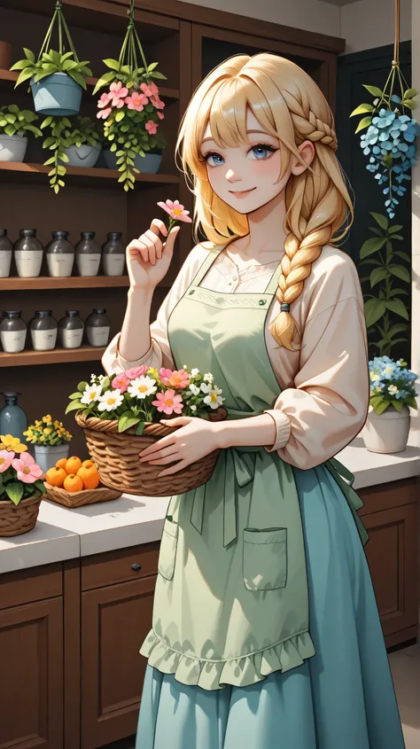 Create a detailed image of an adult woman, the owner of a quaint flower shop, showing warmth and kindness. She has and delicate features, with long blond hair adorned with detailed flowers woven into braid, creating a natural and whimsical look. Her big, f...