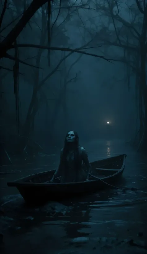 A dark, eerie river at midnight in Vietnam. A small wooden boat drifting alone, with a pale, ghostly female face emerging from the water, long wet hair covering part of her face, and empty hollow eyes staring upward. Mist floats above the water, dead branc...