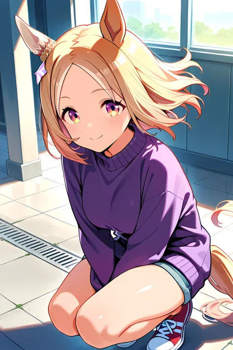 narita top road \(umamusume\),(((masterpiece))),(((detailed)))((best quality)),((hyper detailed)),(beautiful),((shinythighs)),(((shiny skin))),(high quality skin),((8k)),((high resolution)),Tying shoelaces,smile,floating hair,closed mouth,light blush,squat...