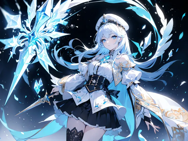 une femme, jeune, 19 ans, Swordsman , Cheveux blancs longs, Snow-white skin, regard froid, crystal blue eyes, pull noir, black skirt and stockings, cap, A crystal sword, boucle d'ear in his ear, Background with blue lights.