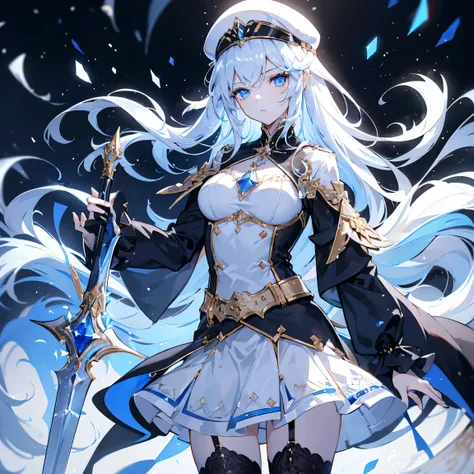 une femme, jeune, 19 ans, Swordsman , Cheveux blancs longs, Snow-white skin, regard froid, crystal blue eyes, pull noir, black skirt and stockings, cap, A crystal sword, boucle d'ear in his ear, Background with blue lights.