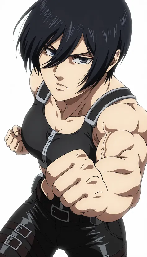anime coloring, anime screencap, mikasa ackerman, 1girl, solo, short hair, black hair, , badass, closed mouth, black sport bra, , belt, black pants, standing, cowboy shot, reaching towards viewer,, white background, simple background, masterpiece, best qua...
