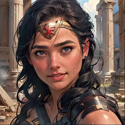 (masterpiece:1.3), (8k, realistic, RAW photo, best quality: 1.4), ((one woman)), ((Gal Gadot, Wonder Woman)), beautiful face, (realistic Face), Beautiful Hairstyle, realistic eyes, beautiful details, (realistic Skin), beautiful skin, absurd, charm, super ...