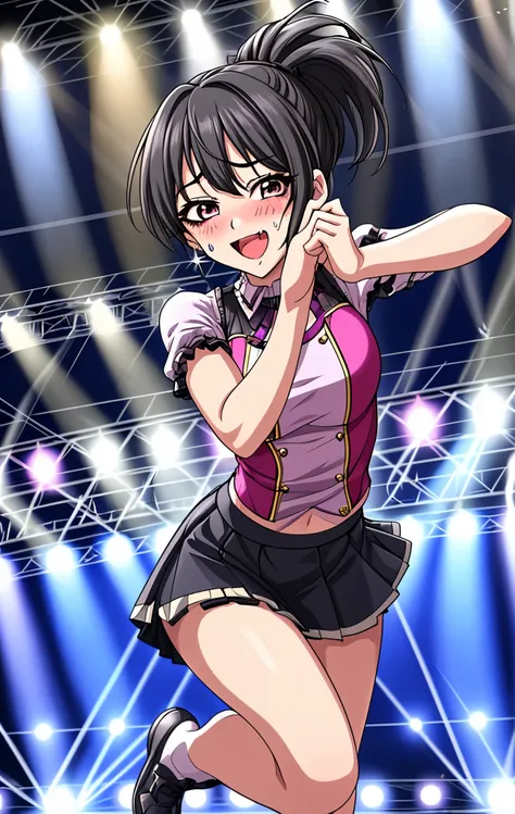 45 age 、mature women、black hair、ponytail、Full body painting、 cute idol costume 、Wearing a short-sleeved miniskirt、Hair tied up、Dark Eyes、I'm sweating a lot、My face is sweaty 、My arms and legs are sweaty、is blushing、 very embarrassing pose 、 Very Embarrassi...