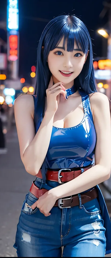 Pure Cyber Idol Girl（blue hair）、A pure girl's face、 hypo、、Red Latex Tight Mini Dress、Jean Belt、Night town glowing、