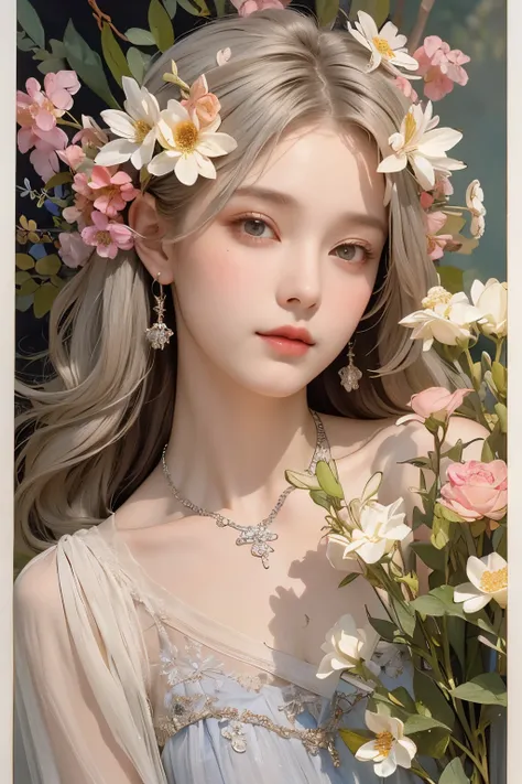 (Oil painting of a beautiful woman), rough touch, focus on face, striking portrait, (calm, gentle and bright small smile), ((medium-long almost straight silver-gray blonde hair)), (close-up), shiny skin, glossy lips, (casual spring-like outfit in pastel co...