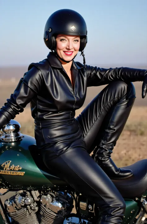 Marsha Queen Of Diamonds wearing a black leather pants, wearing black leather knee high boots, wearing black leather opera gloves. wearing a helmet, riding a motorcycle, full body picture, she is smiling.