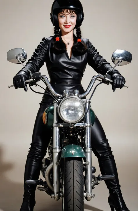 Marsha Queen Of Diamonds wearing a black leather dress down to knees, wearing black leather boots up to her knees, wearing black leather opera gloves. wearing a helmet, riding a motorcycle, full body picture, she is smiling.