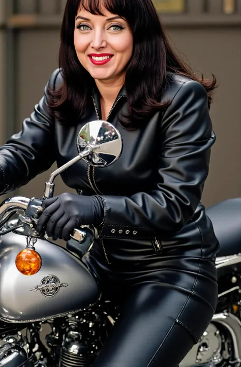 Marsha Queen Of Diamonds wearing a black leather pants, wearing black leather boots over her pants, wearing a black leather jacket, wearing black leather opera gloves. riding a motorcycle, full body picture, she is smiling.