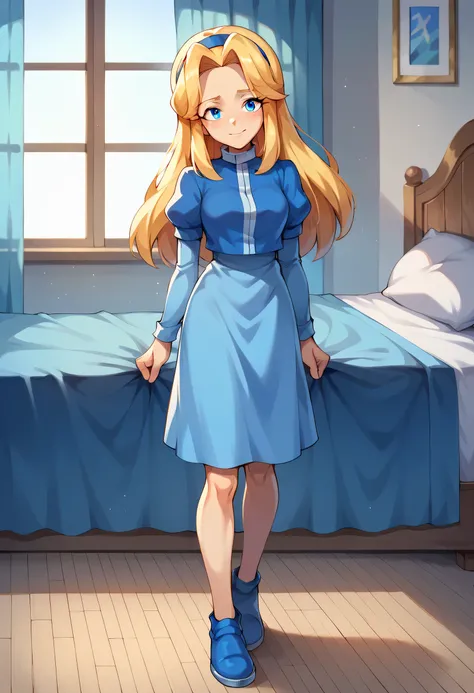 Score_9, Score_8_up, Score_7_up, Score_6_up, original anime, TRANSITION 1girl, in bedroom, solo, mature girl, adult, Maria Robotnik, \(Sonic\), blonde hair, paisa, long hair, blue eyes, parted, blue headband, blue shoes, white collar, short puffy sleeves, ...
