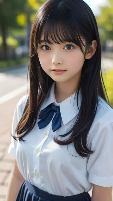 Imagine a charming illustration in the style of Loundraw, Depicts a beautiful schoolgirl. She is wearing a classic school uniform, With a fitted skirt and a perfectly lined shirt. Her long black hair, With soft bangs, Falling gracefully over her shoulders....